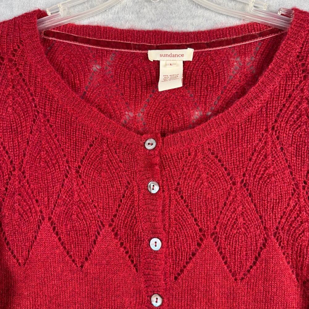 Sundance Cardigan Sweater L Mohair Blend Pointelle Lace Yoke Deep Red Holiday
